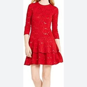 Michael Kors Holiday Sequin glitter 3/4 Sleeve Tiered Flounce Dress Red size S